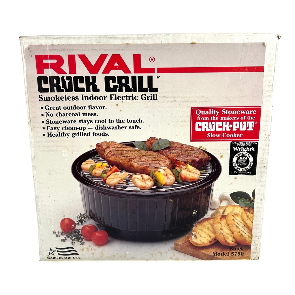 Rival Crock Grill 5750 Smokeless Indoor Electric Grill Black Stoneware Vintage